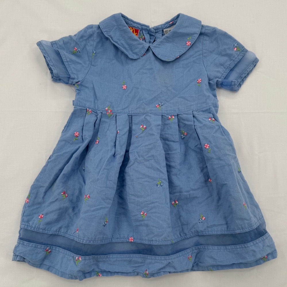 Vintage 90s McKids Girls Blue Linen Blend Floral Embroidered Babydoll Top Size 4